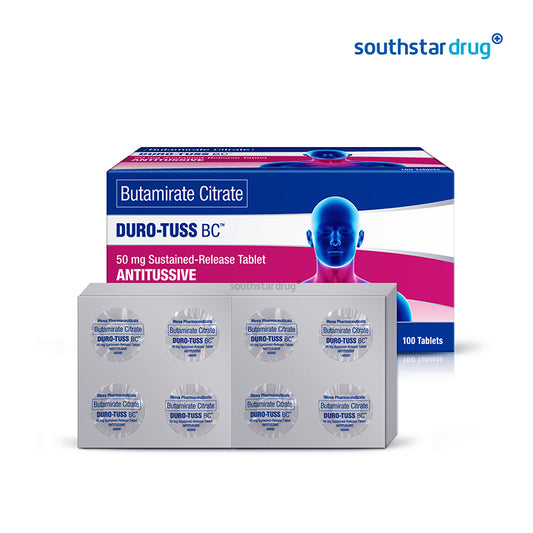 Box of Butamirate Citrate DURO-TUSS BC tablets with Southstar Drug branding on a white background.