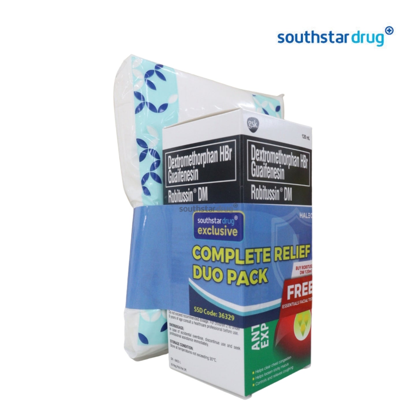 Robitussin DM Syrup 120ml + Free Southstar Drug Tissue Complete Relief Duo Pack