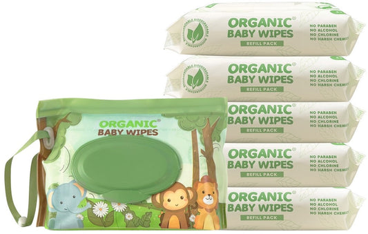 Organic Baby Wipes 64s x 5 with Free Pouch