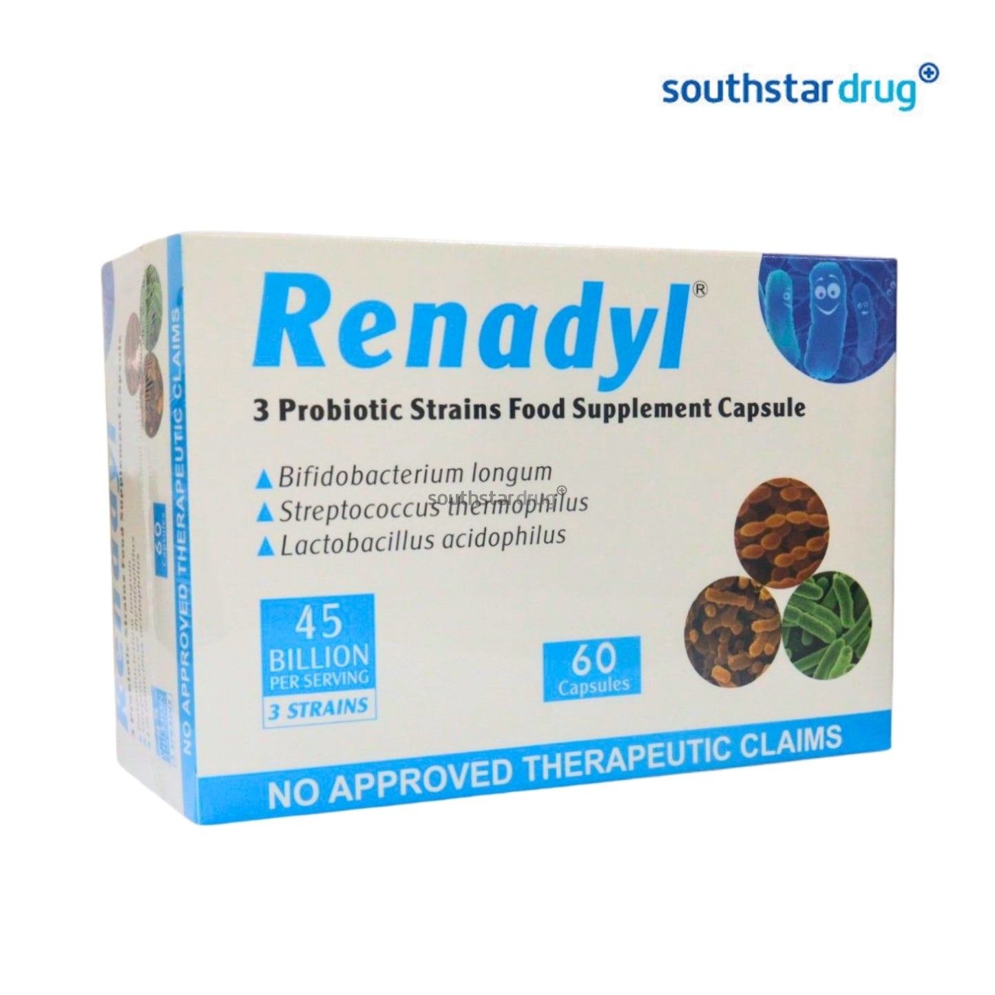 A box of Renadyl 3 Probiotic Strains Food Supplement Capsule by Southstar Drug, featuring a white and blue design with illustrations of probiotic ingredients.