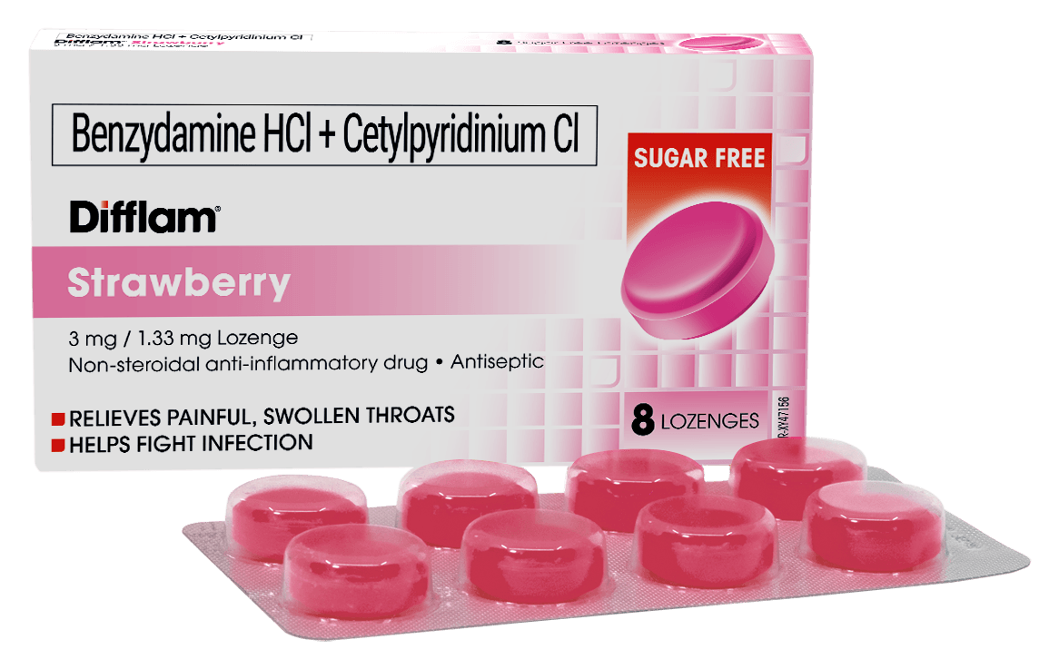 Difflam Strawberry 3mg / 1.33mg Lozenges - 8s - Southstar Drug