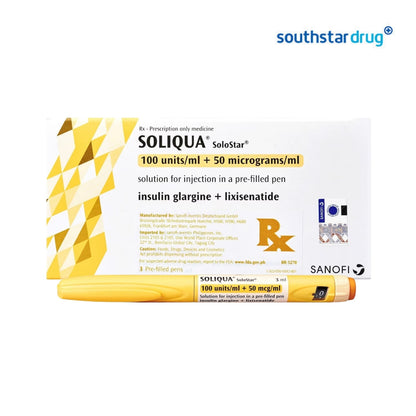 SOLiQUA SoloStar insulin pen and its retail box on a white background, with the Southstar Drug logo in the top right corner. The box is white with yellow geometric accents and black text, and the pen is yellow with a small orange cap.