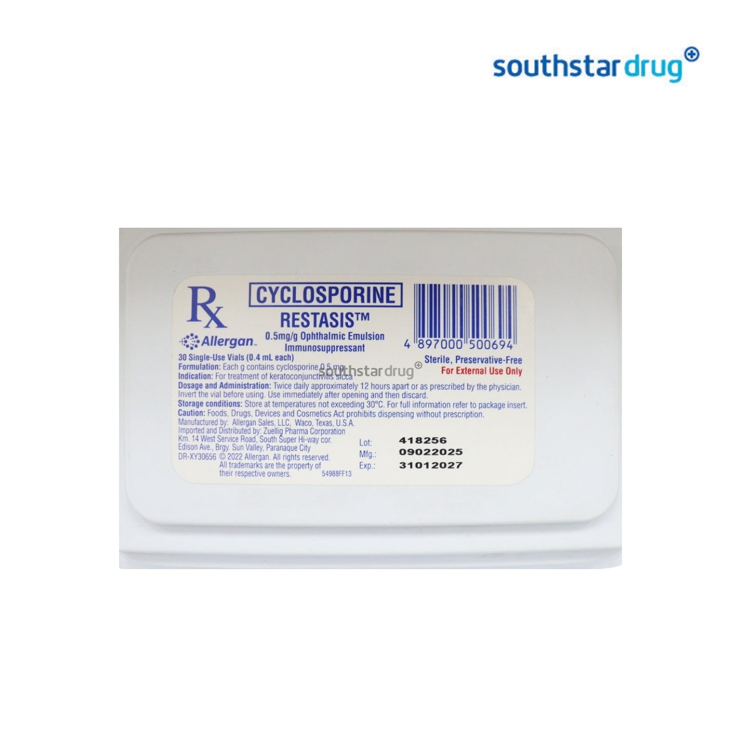 Rx: Restasis 0.5mg 0.4ml Ophthalmic Emulsion