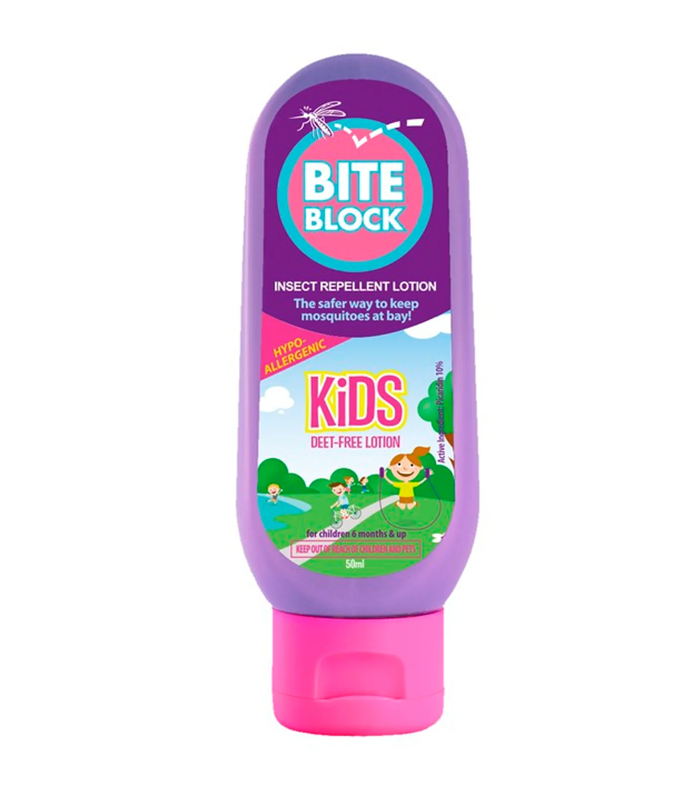 Bottle of Bite Block Kids insect repellent lotion on a white background