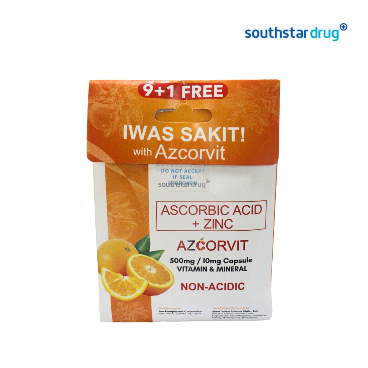 Azcorvit Non-Acidic Capsules 500mg/10mg 9+1 Pack