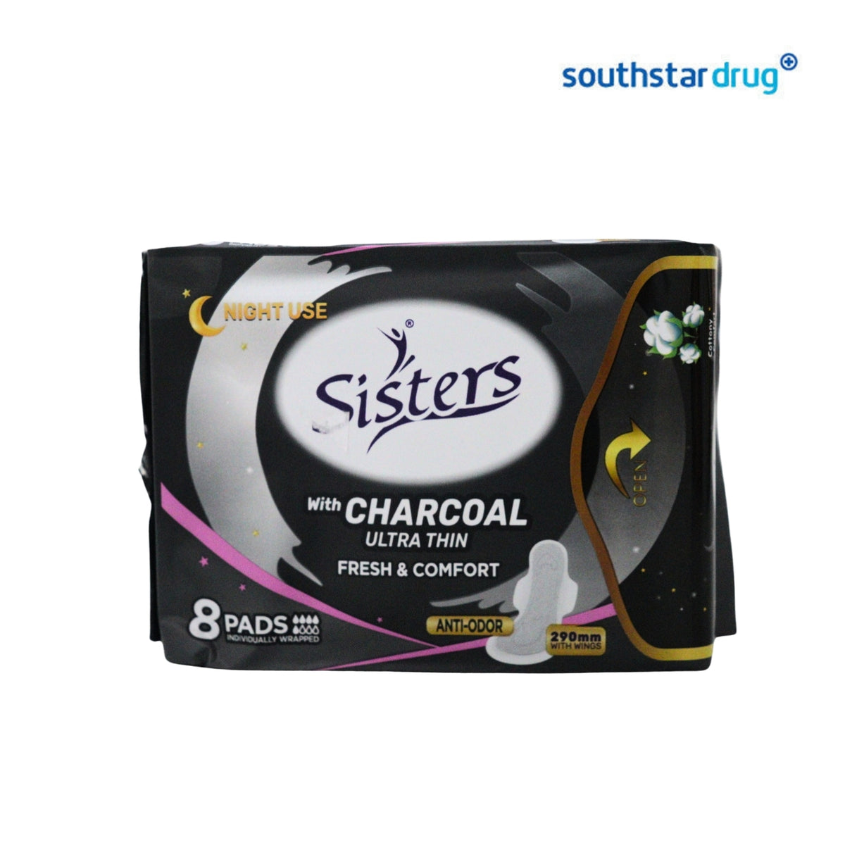 Sisters Charcoal Ultra-Thin Sanitary Napkins with Wings 8s