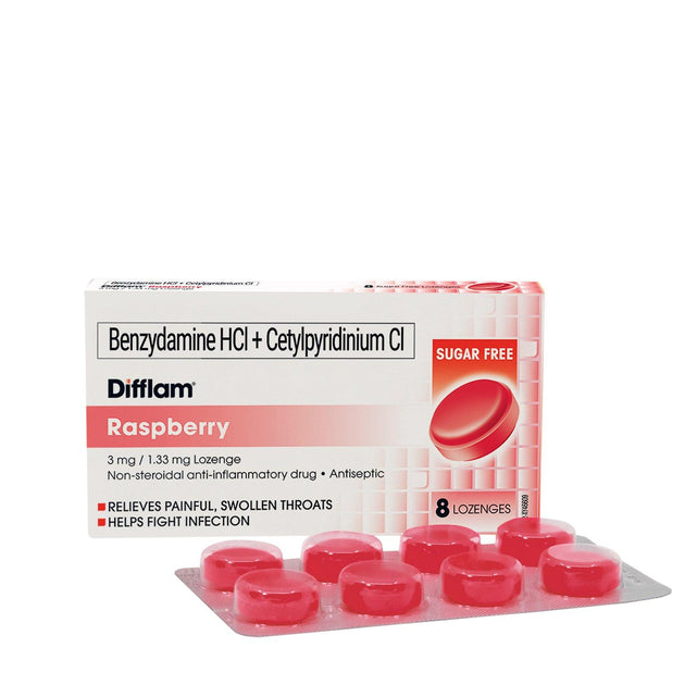 Buy Difflam Raspberry 3 mg / 1.33 mg Lozenges - 8s Online | Southstar Drug