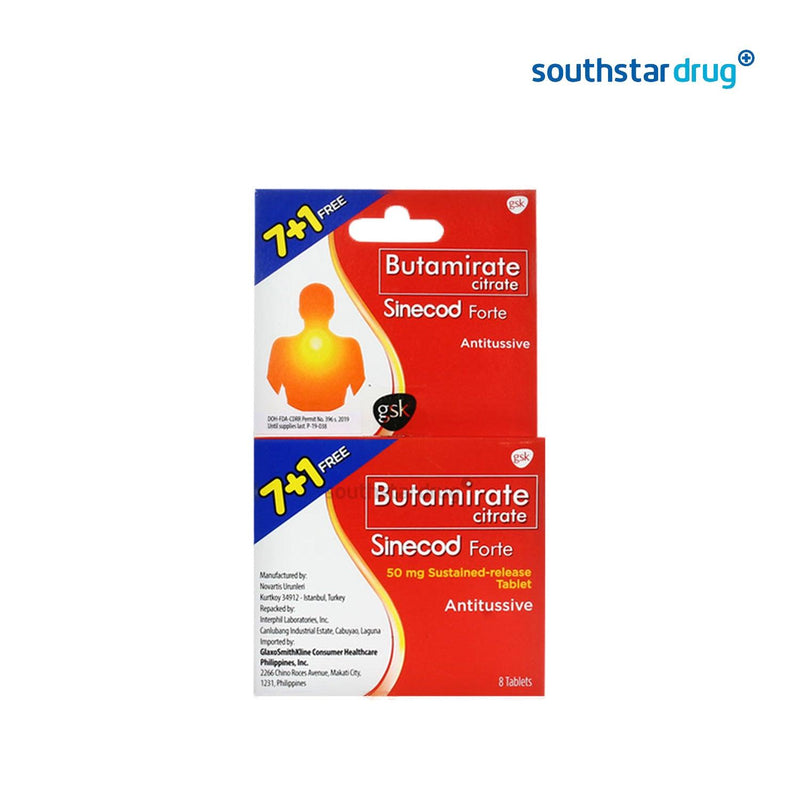 Sinecod Butamirate Citrate for Dry Cough or Non-Stop Cough 7+1 Tablets - Southstar Drug