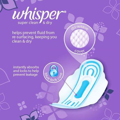 Whisper Super Clean & Dry Regular Flow 16 Pads (23cm) with Wings - 16s - Southstar Drug