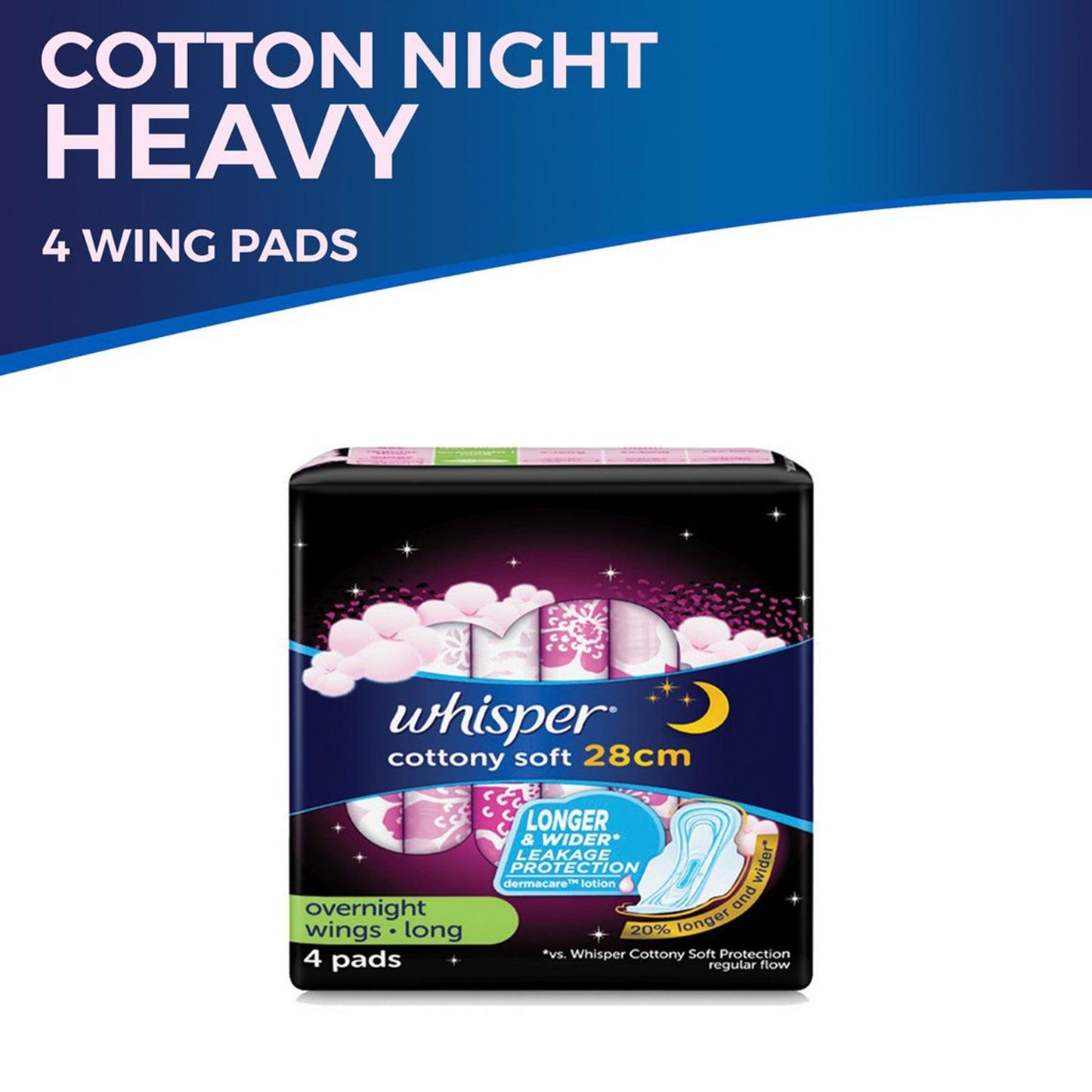 Whisper Cottony Clean Overnight Long (28cm) with Wings - 4s - Southstar Drug