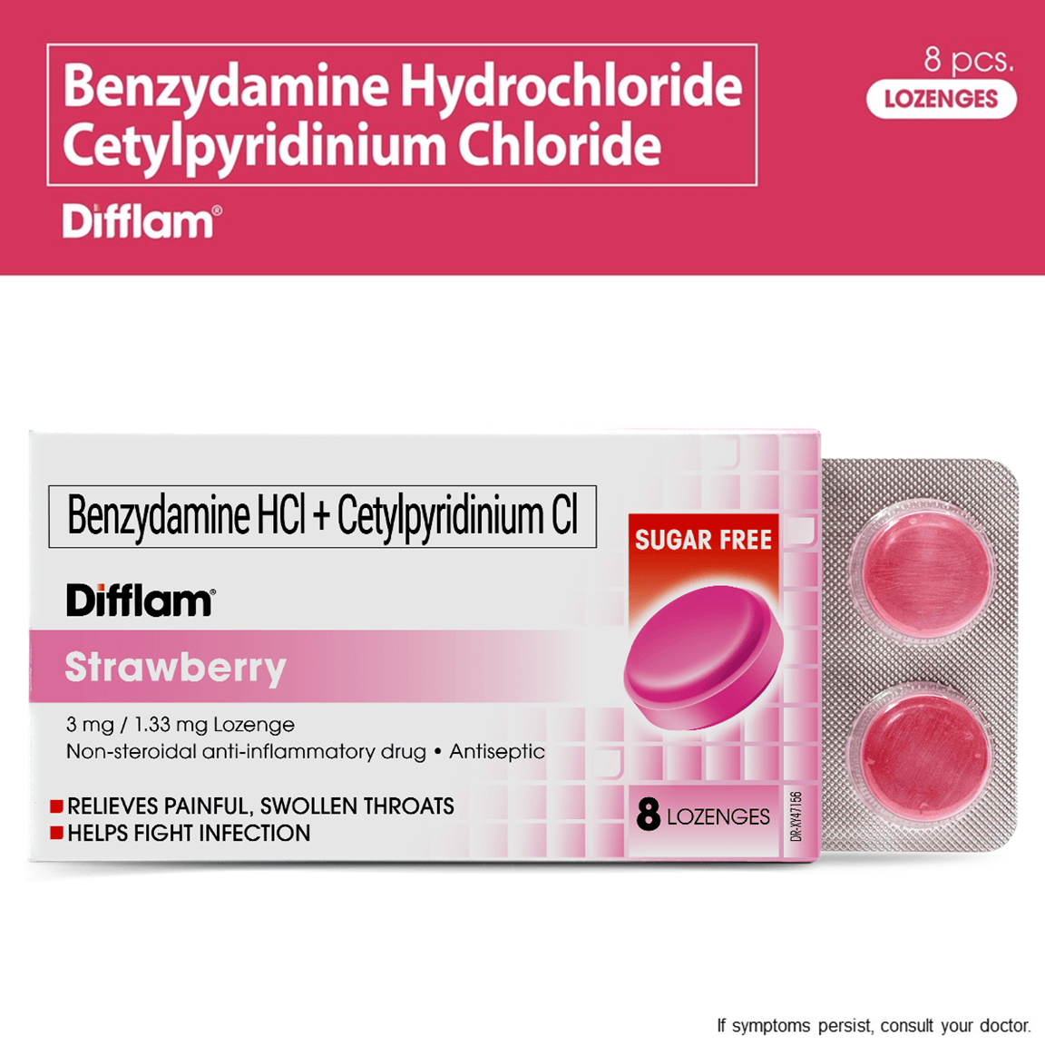 Difflam Strawberry 3mg / 1.33mg Lozenges - 8s - Southstar Drug